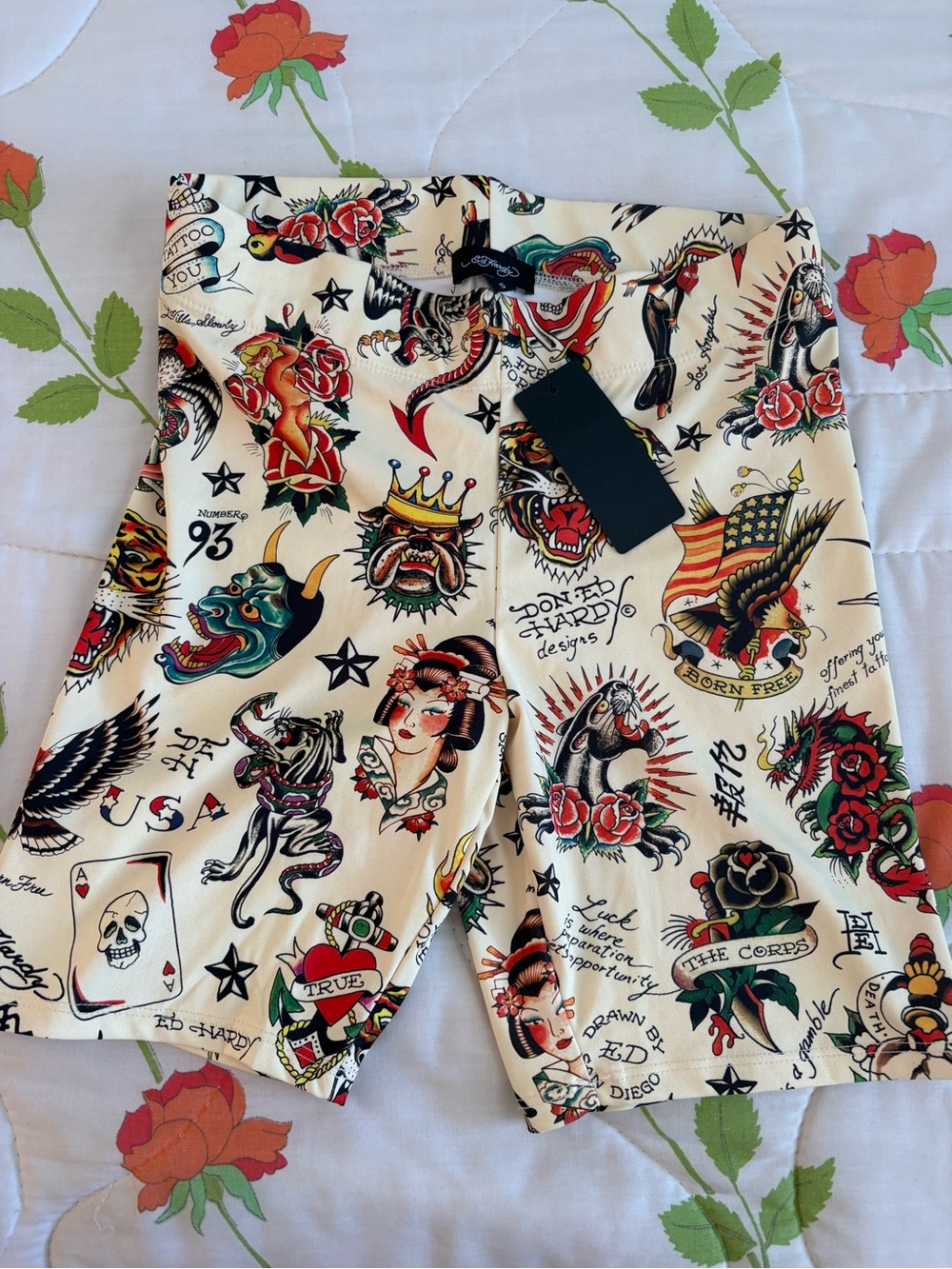 Ed Hardy Cream Tattoo-Print Swim Board Shorts with Red & Black Accents